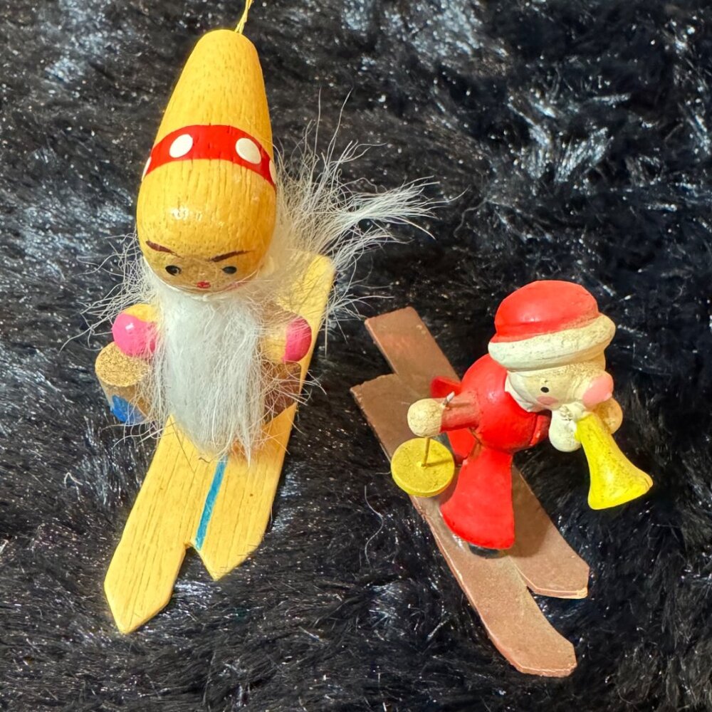 Vintage Wooden & Plastic Skiing Santa Ornaments Set
